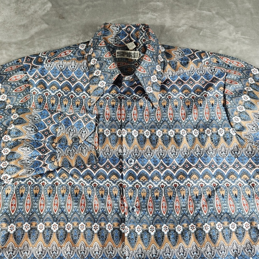 Vintage Spire Disco Shirt Mens Large Paisley Hippie Mod Polyester Button Up 70s